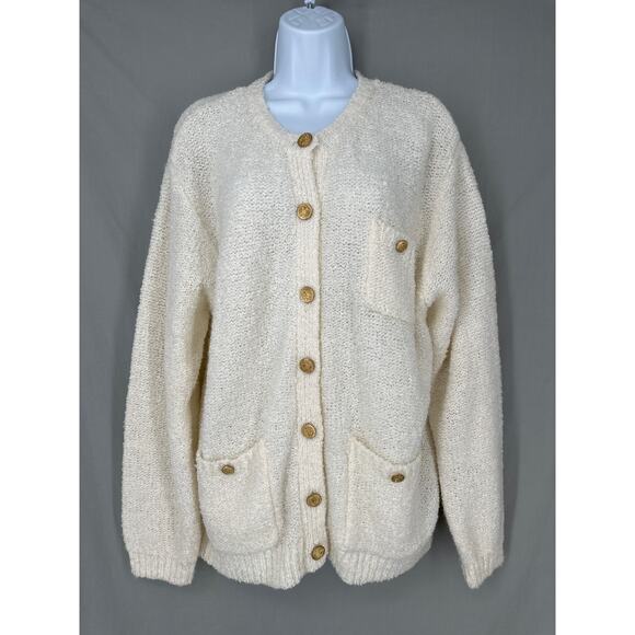 90s Vintage Cardigan Sweater Womens Large Cream Gold Button Knit Cozy Minimalist - Picture 1 of 6